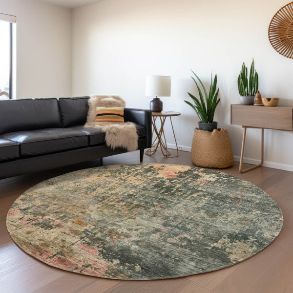 Homeroots 3' Stylish Sage Gray And Pink Abstract Washable Area Rug For Indoor And Outdoor Spaces, Durable Design 8' Round Polyester 606124