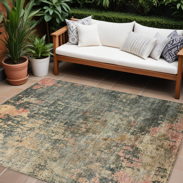 Homeroots 3' Stylish Sage Gray And Pink Abstract Washable Area Rug For Indoor And Outdoor Spaces, Durable Design 9' X 12' Polyester 606126