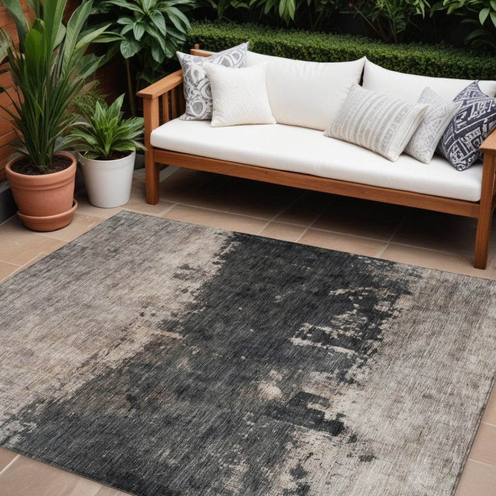 HomeRoots 9' X 12' Abstract Washable Taupe & Charcoal Area Rug - Stylish, Durable, Perfect for Indoor/Outdoor Use 606132