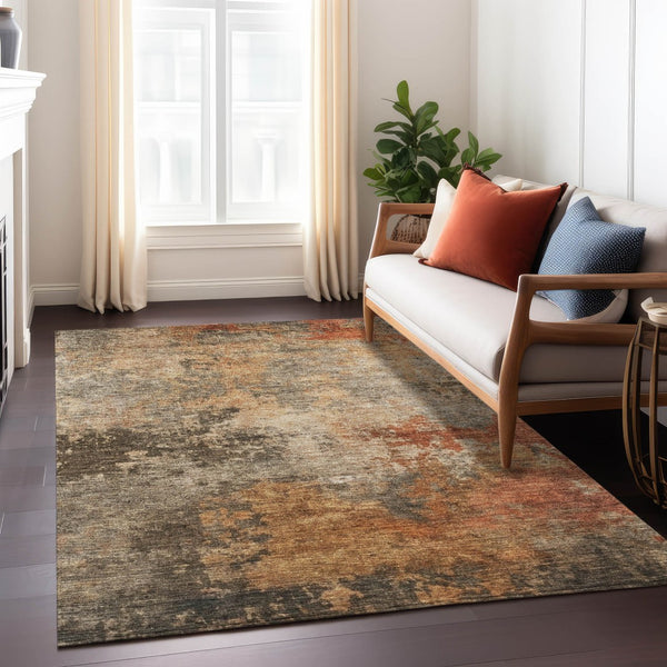 Homeroots 3' Khaki Brown And Copper Abstract Washable Area Rug For Indoor Or Outdoor Spaces, Durable Design 3' X 5' Polyester 606134