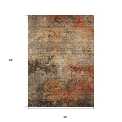 Homeroots 3' Khaki Brown And Copper Abstract Washable Area Rug For Indoor Or Outdoor Spaces, Durable Design 5' X 8' Polyester 606135