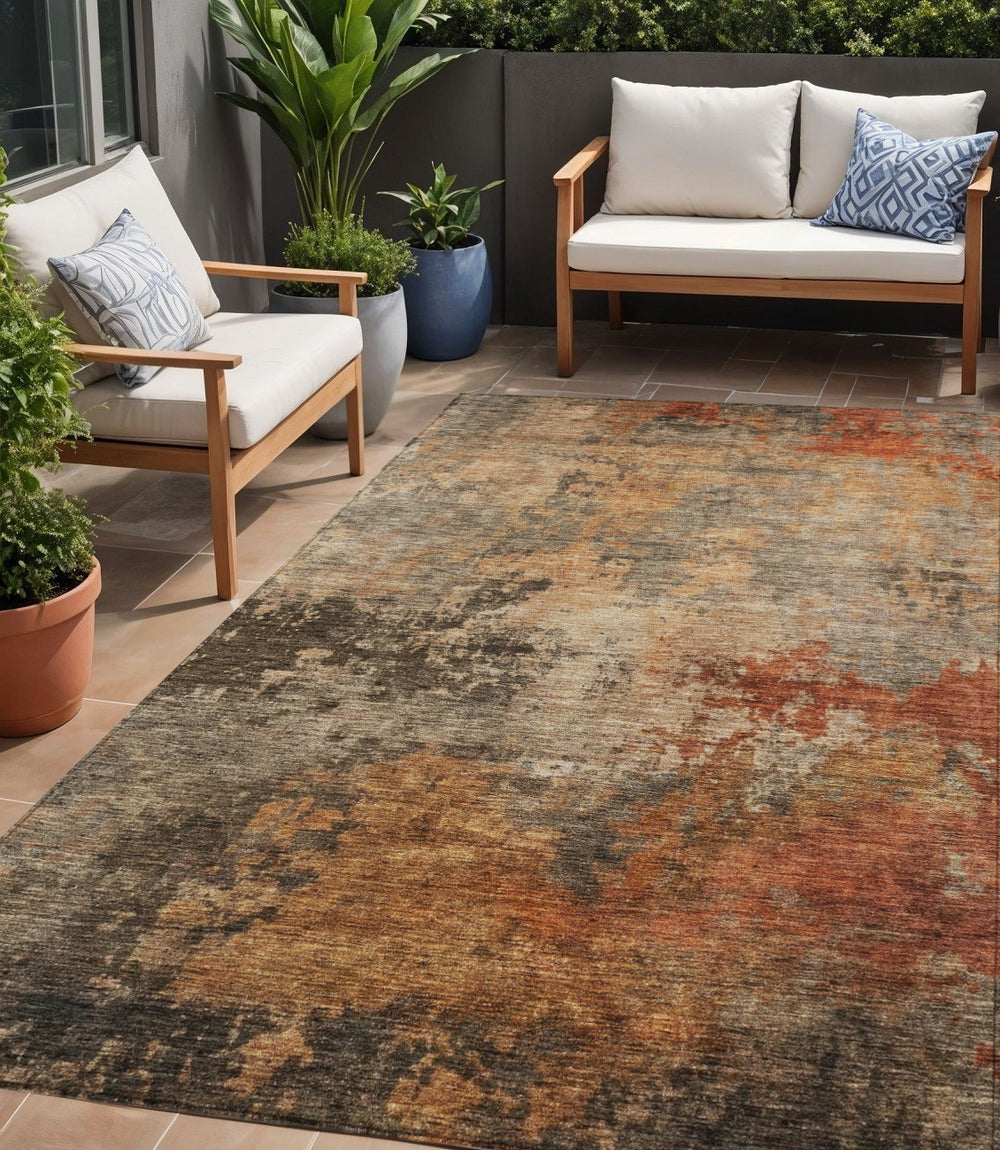 Homeroots 3' Khaki Brown And Copper Abstract Washable Area Rug For Indoor Or Outdoor Spaces, Durable Design 5' X 8' Polyester 606135