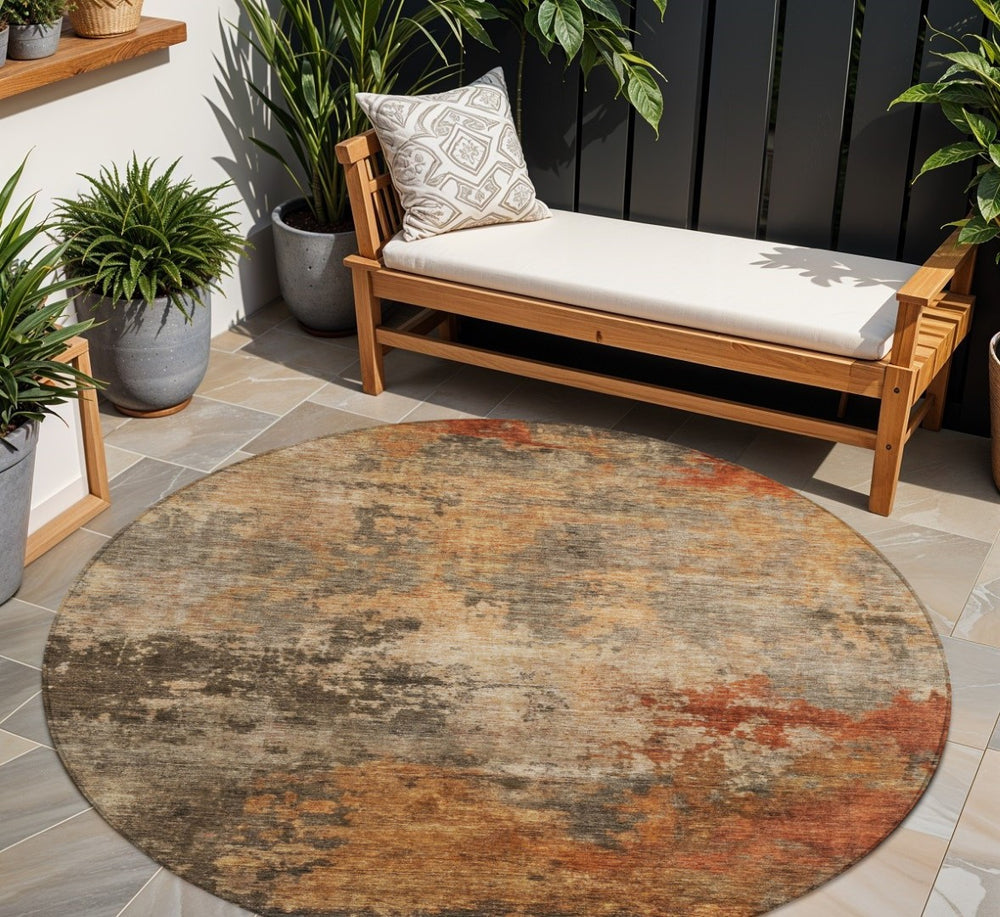 HomeRoots 5' Khaki Brown and Copper Abstract Area Rug - Durable, Washable, Stylish Indoor/Outdoor Design 8' Round 606136