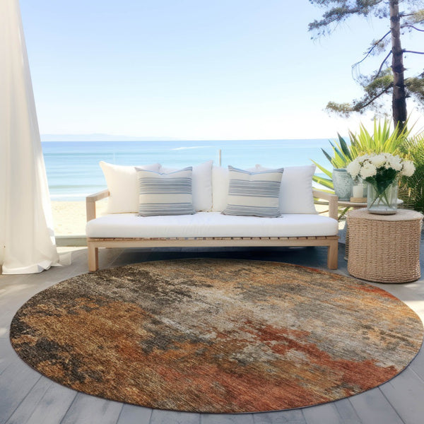 Homeroots 3' Khaki Brown And Copper Abstract Washable Area Rug For Indoor Or Outdoor Spaces, Durable Design 8' Round Polyester 606136