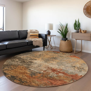 Homeroots 3' Khaki Brown And Copper Abstract Washable Area Rug For Indoor Or Outdoor Spaces, Durable Design 8' Round Polyester 606136