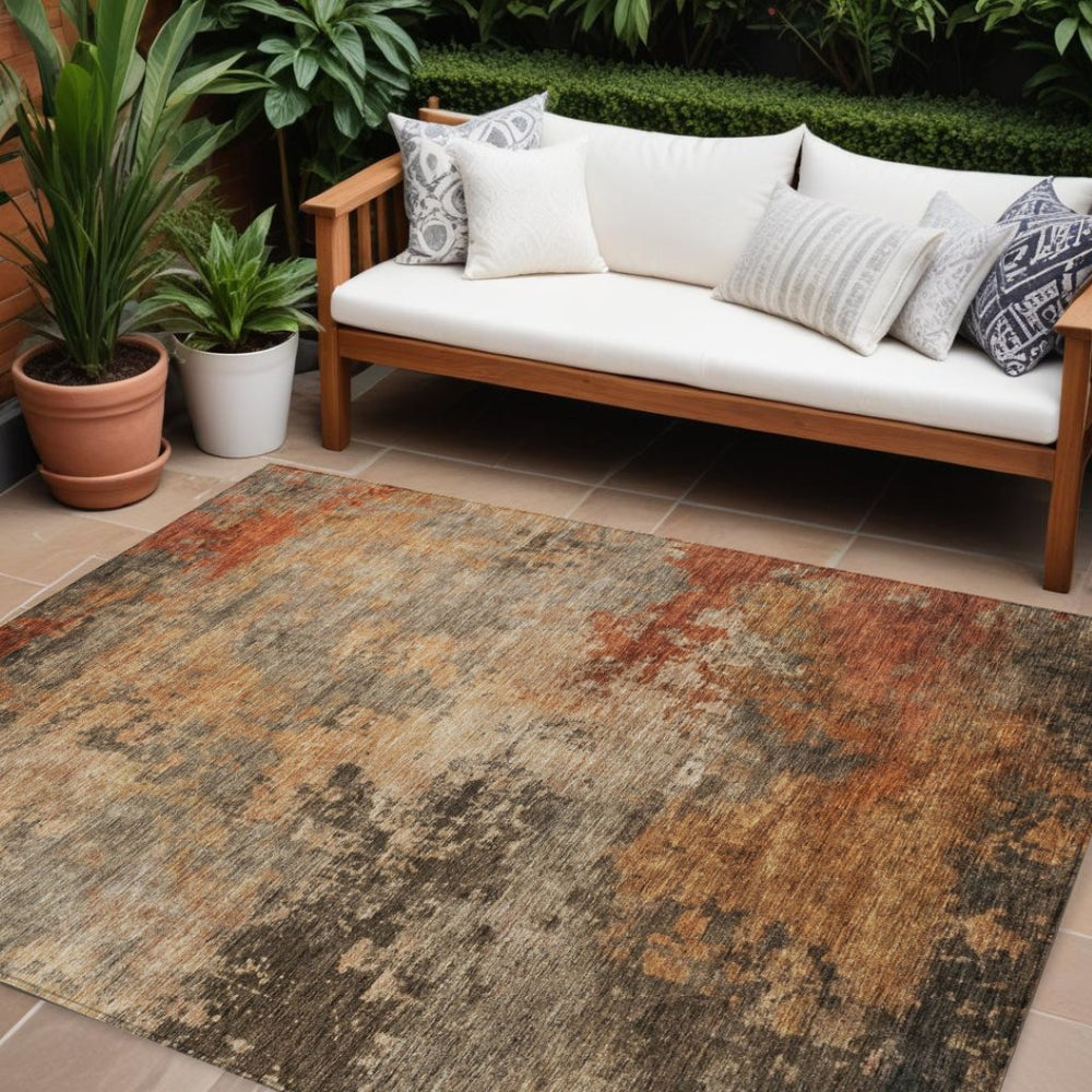 HomeRoots 9' X 12' Khaki Brown & Copper Abstract Washable Rug - Durable, Stylish for Indoor/Outdoor Use! 606138