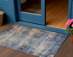 Homeroots 3' Denim Blue And Tan Abstract Washable Area Rug - Stylish, Durably Designed For Indoor And Outdoor Use 3' X 5' Polyester 606140