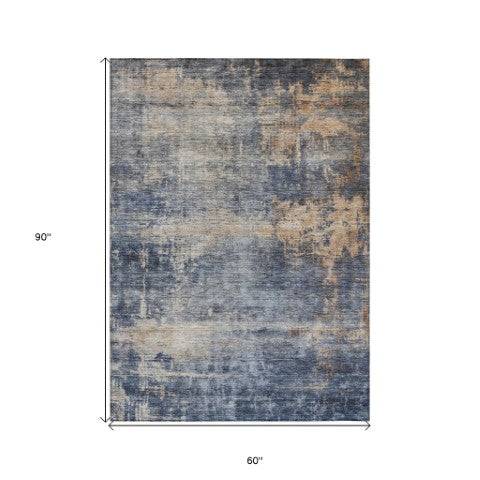 Homeroots 3' Denim Blue And Tan Abstract Washable Area Rug - Stylish, Durably Designed For Indoor And Outdoor Use 5' X 8' Polyester 606141