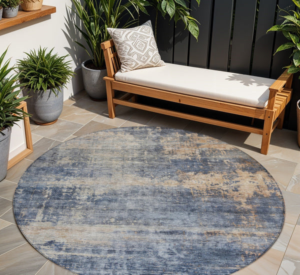 Homeroots 3' Denim Blue And Tan Abstract Washable Area Rug - Stylish, Durably Designed For Indoor And Outdoor Use 8' Round Polyester 606142