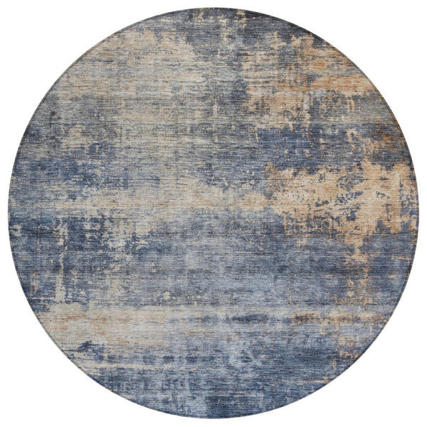 HomeRoots 5' Denim Blue and Tan Washable Area Rug – Stylish, Durable Design for Indoor and Outdoor Spaces 8' Round 606142