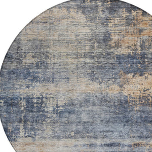 Homeroots 3' Denim Blue And Tan Abstract Washable Area Rug - Stylish, Durably Designed For Indoor And Outdoor Use 8' Round Polyester 606142