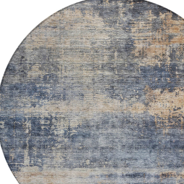 Homeroots 3' Denim Blue And Tan Abstract Washable Area Rug - Stylish, Durably Designed For Indoor And Outdoor Use 8' Round Polyester 606142