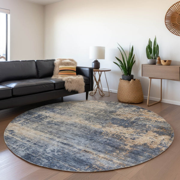 Homeroots 3' Denim Blue And Tan Abstract Washable Area Rug - Stylish, Durably Designed For Indoor And Outdoor Use 8' Round Polyester 606142
