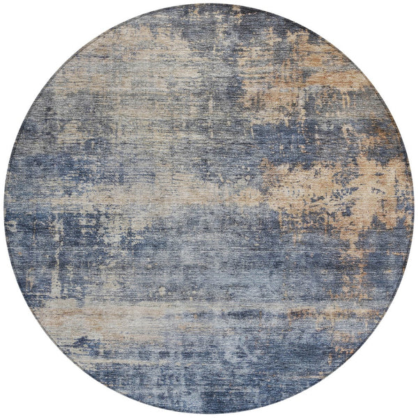 Homeroots 3' Denim Blue And Tan Abstract Washable Area Rug - Stylish, Durably Designed For Indoor And Outdoor Use 8' Round Polyester 606142