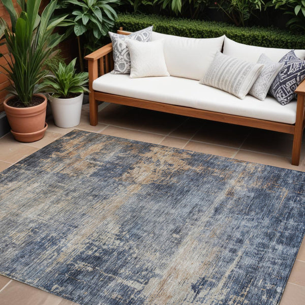 Homeroots 3' Denim Blue And Tan Abstract Washable Area Rug - Stylish, Durably Designed For Indoor And Outdoor Use 9' X 12' Polyester 606144