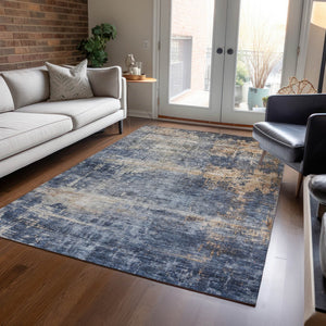 Homeroots 3' Denim Blue And Tan Abstract Washable Area Rug - Stylish, Durably Designed For Indoor And Outdoor Use 9' X 12' Polyester 606144