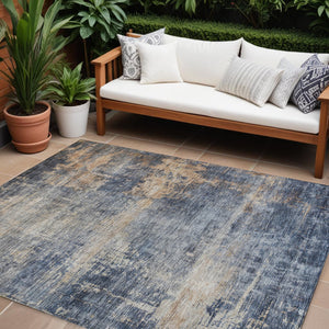 Homeroots 3' Denim Blue And Tan Abstract Washable Area Rug - Stylish, Durably Designed For Indoor And Outdoor Use 10' X 14' Polyester 606145