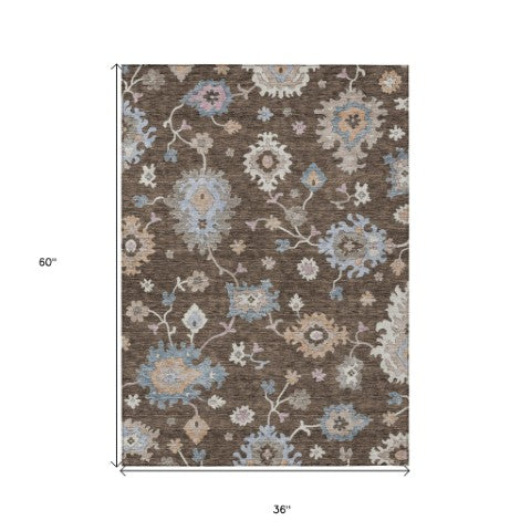Homeroots 3' Stunning Chocolate Beige And Blue Floral Washable Area Rug For Indoor Or Outdoor Spaces 3' X 5' Polyester 606146