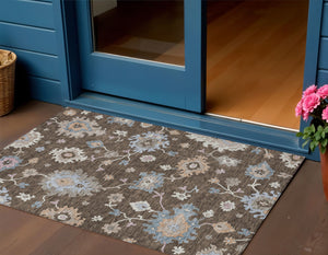 Homeroots 3' Stunning Chocolate Beige And Blue Floral Washable Area Rug For Indoor Or Outdoor Spaces 3' X 5' Polyester 606146