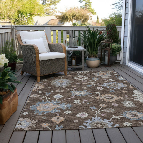 Homeroots 3' Stunning Chocolate Beige And Blue Floral Washable Area Rug For Indoor Or Outdoor Spaces 3' X 5' Polyester 606146