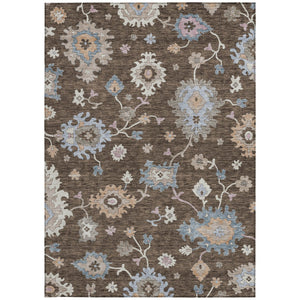 Homeroots 3' Stunning Chocolate Beige And Blue Floral Washable Area Rug For Indoor Or Outdoor Spaces 5' X 8' Polyester 606147