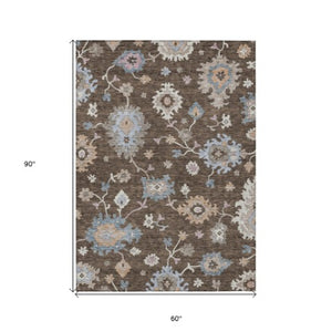 Homeroots 3' Stunning Chocolate Beige And Blue Floral Washable Area Rug For Indoor Or Outdoor Spaces 5' X 8' Polyester 606147