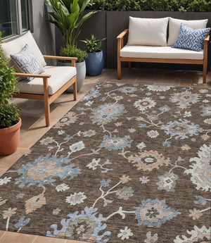 Homeroots 3' Stunning Chocolate Beige And Blue Floral Washable Area Rug For Indoor Or Outdoor Spaces 5' X 8' Polyester 606147