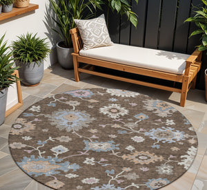 Homeroots 3' Stunning Chocolate Beige And Blue Floral Washable Area Rug For Indoor Or Outdoor Spaces 8' Round Polyester 606148
