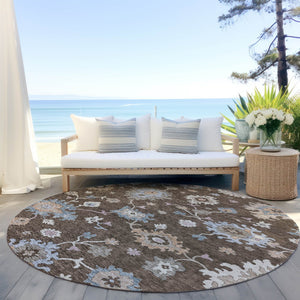 Homeroots 3' Stunning Chocolate Beige And Blue Floral Washable Area Rug For Indoor Or Outdoor Spaces 8' Round Polyester 606148