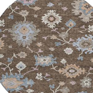 Homeroots 3' Stunning Chocolate Beige And Blue Floral Washable Area Rug For Indoor Or Outdoor Spaces 8' Round Polyester 606148