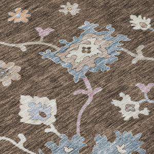 Homeroots 3' Stunning Chocolate Beige And Blue Floral Washable Area Rug For Indoor Or Outdoor Spaces 8' Round Polyester 606148