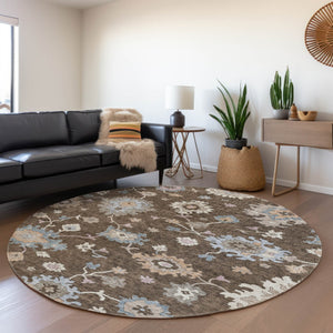 Homeroots 3' Stunning Chocolate Beige And Blue Floral Washable Area Rug For Indoor Or Outdoor Spaces 8' Round Polyester 606148