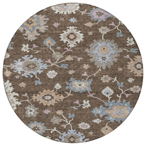 Homeroots 3' Stunning Chocolate Beige And Blue Floral Washable Area Rug For Indoor Or Outdoor Spaces 8' Round Polyester 606148