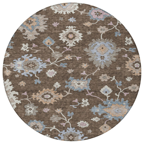 Homeroots 3' Stunning Chocolate Beige And Blue Floral Washable Area Rug For Indoor Or Outdoor Spaces 8' Round Polyester 606148