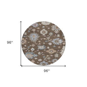 Homeroots 3' Stunning Chocolate Beige And Blue Floral Washable Area Rug For Indoor Or Outdoor Spaces 8' Round Polyester 606148