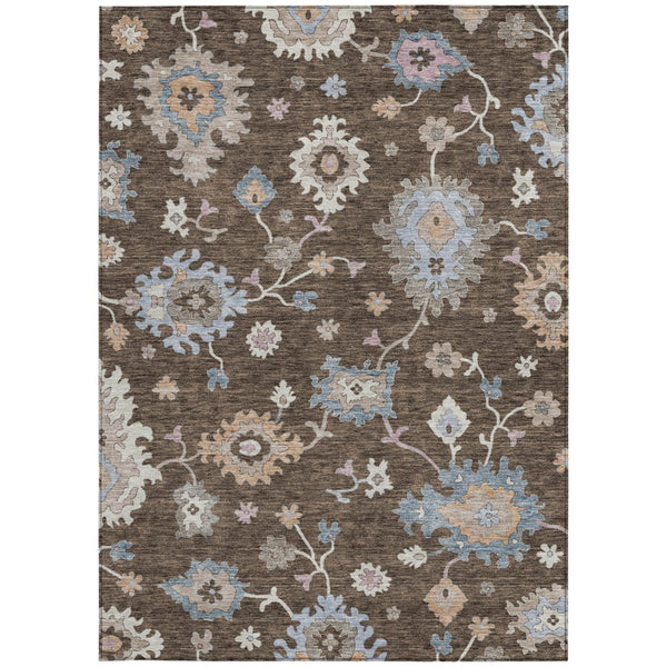 Homeroots 3' Stunning Chocolate Beige And Blue Floral Washable Area Rug For Indoor Or Outdoor Spaces 8' X 10' Polyester 606149