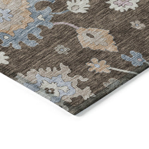 Homeroots 3' Stunning Chocolate Beige And Blue Floral Washable Area Rug For Indoor Or Outdoor Spaces 8' X 10' Polyester 606149