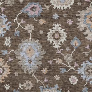 Homeroots 3' Stunning Chocolate Beige And Blue Floral Washable Area Rug For Indoor Or Outdoor Spaces 8' X 10' Polyester 606149