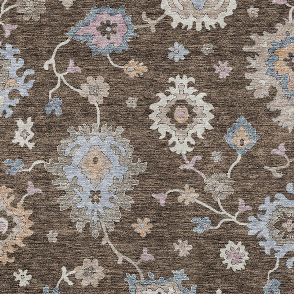 Homeroots 3' Stunning Chocolate Beige And Blue Floral Washable Area Rug For Indoor Or Outdoor Spaces 8' X 10' Polyester 606149