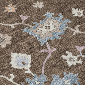 Homeroots 3' Stunning Chocolate Beige And Blue Floral Washable Area Rug For Indoor Or Outdoor Spaces 8' X 10' Polyester 606149