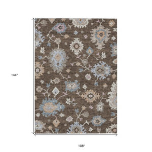 Homeroots 3' Stunning Chocolate Beige And Blue Floral Washable Area Rug For Indoor Or Outdoor Spaces 9' X 12' Polyester 606150