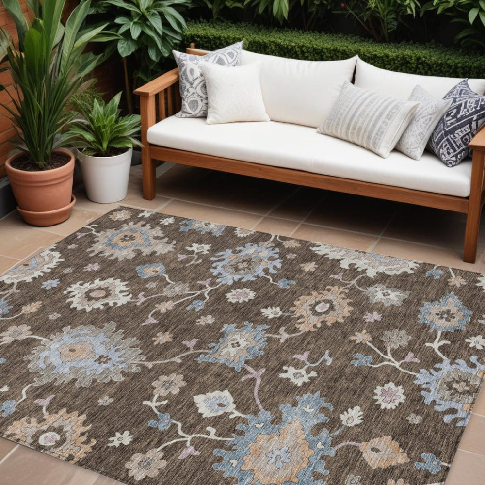 HomeRoots 9' X 12' Chocolate Beige & Blue Floral Washable Area Rug – Durable, Stain-Resistant for Indoor/Outdoor Use 606150
