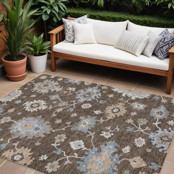 Homeroots 3' Stunning Chocolate Beige And Blue Floral Washable Area Rug For Indoor Or Outdoor Spaces 9' X 12' Polyester 606150