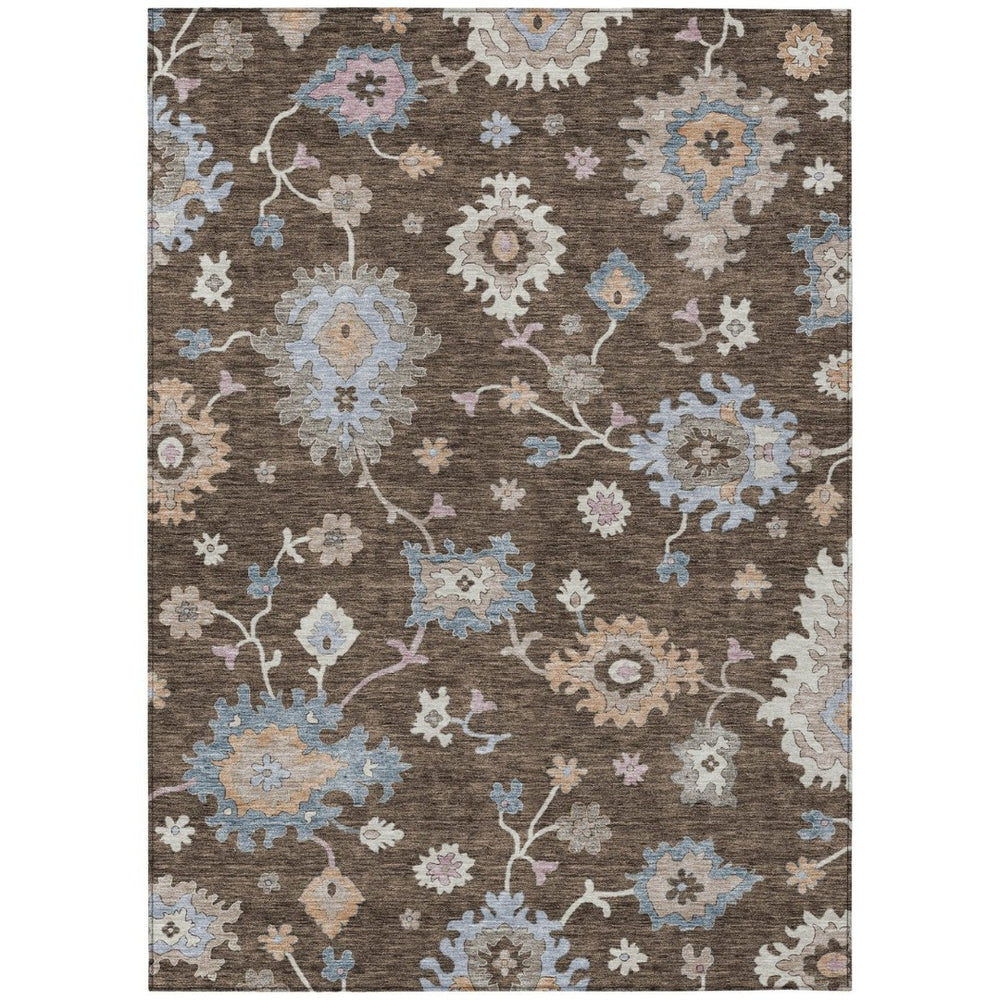 HomeRoots 9' X 12' Chocolate Beige & Blue Floral Washable Area Rug – Durable, Stain-Resistant for Indoor/Outdoor Use 606150