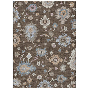 HomeRoots 9' X 12' Chocolate Beige & Blue Floral Washable Area Rug – Durable, Stain-Resistant for Indoor/Outdoor Use 606150