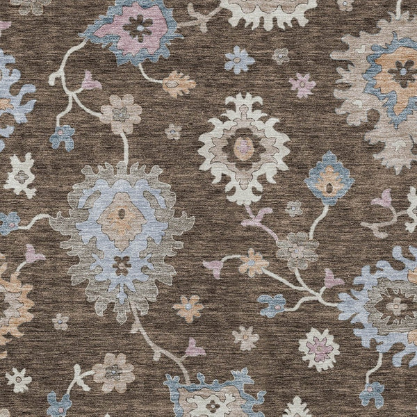 Homeroots 3' Stunning Chocolate Beige And Blue Floral Washable Area Rug For Indoor Or Outdoor Spaces 9' X 12' Polyester 606150