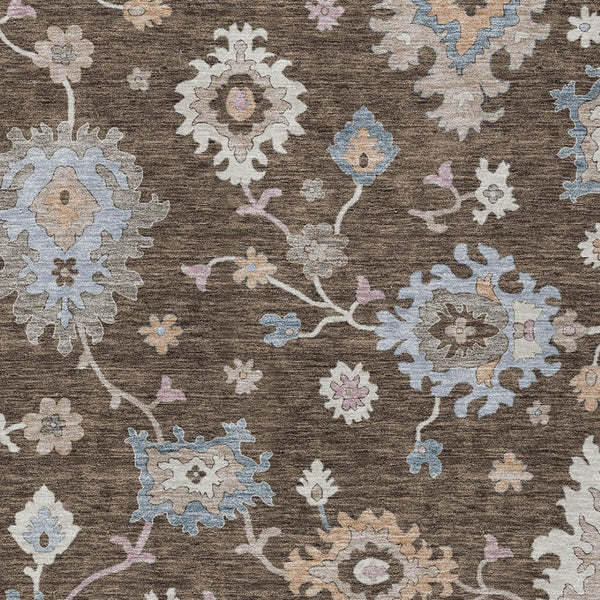 Homeroots 3' Stunning Chocolate Beige And Blue Floral Washable Area Rug For Indoor Or Outdoor Spaces 10' X 14' Polyester 606151