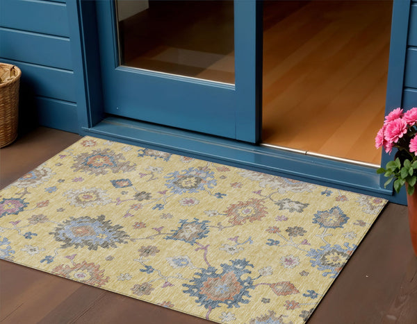 Homeroots 3' Stunning Chocolate Beige And Blue Floral Washable Area Rug For Indoor Or Outdoor Spaces 3' X 5' Polyester 606152