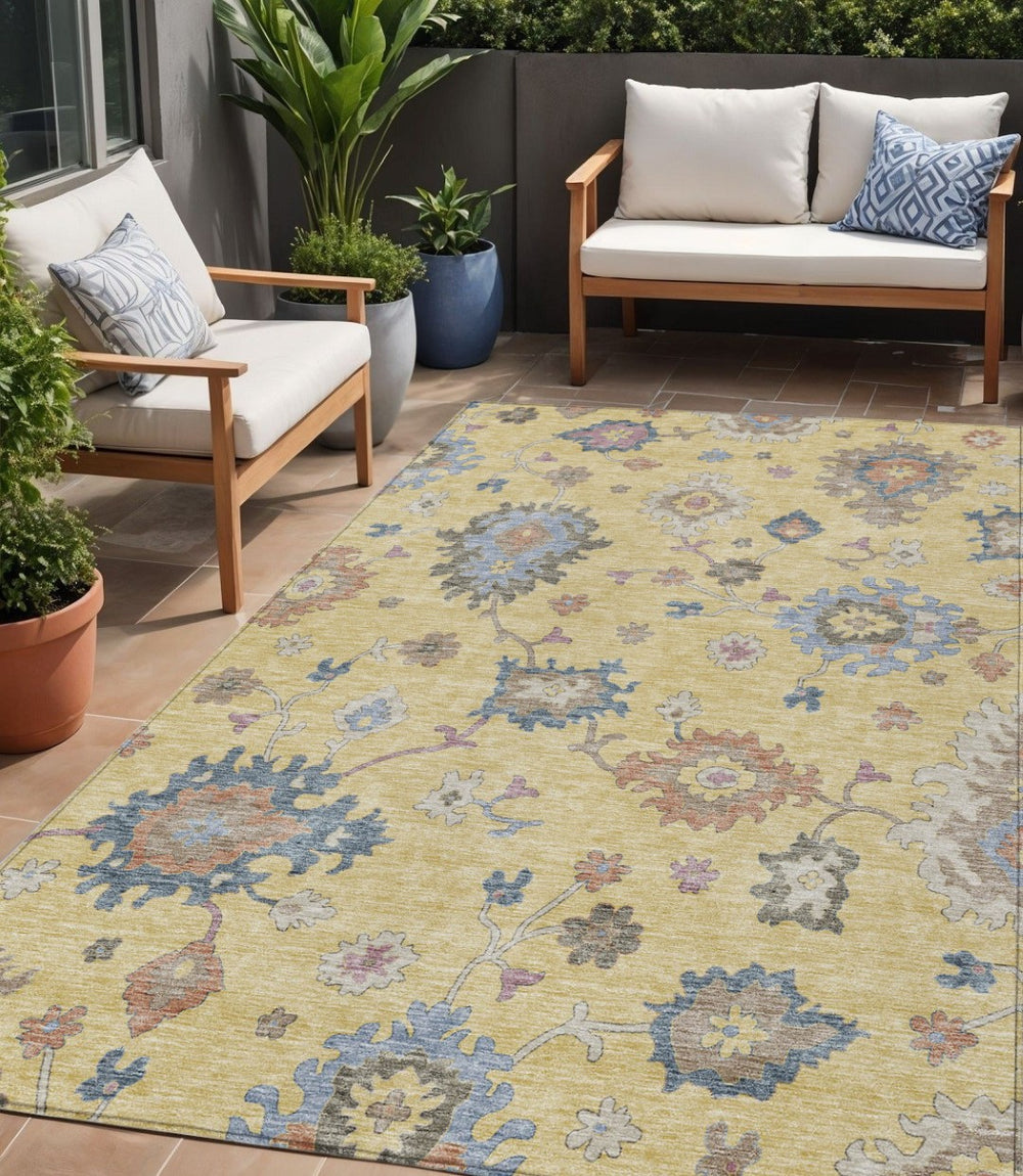 HomeRoots 5' Elegant Gold Brown and Blue Floral Area Rug - Durable, Washable Design for Indoor/Outdoor Use! 5' X 8' 606153