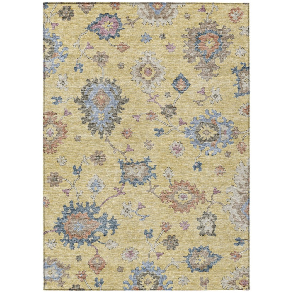 HomeRoots 5' Elegant Gold Brown and Blue Floral Area Rug - Durable, Washable Design for Indoor/Outdoor Use! 5' X 8' 606153